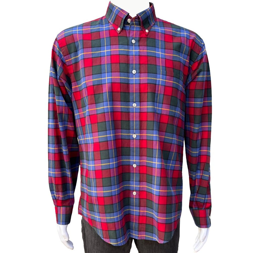Lands' End Red & Blue Plaid Cotton Shirt, 16-16.5, Button Down, Long Sleeve